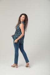 Floral Print Embroidered Babydoll Blouse - Black Blue