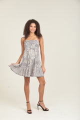 Angie Smocked Tiered Flower Mini Dress - Silver