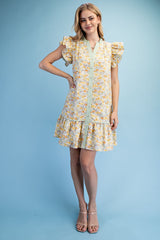 Gigio Botanical Button Down Ruffled Sleeve Mini Dress - Lemon Mix