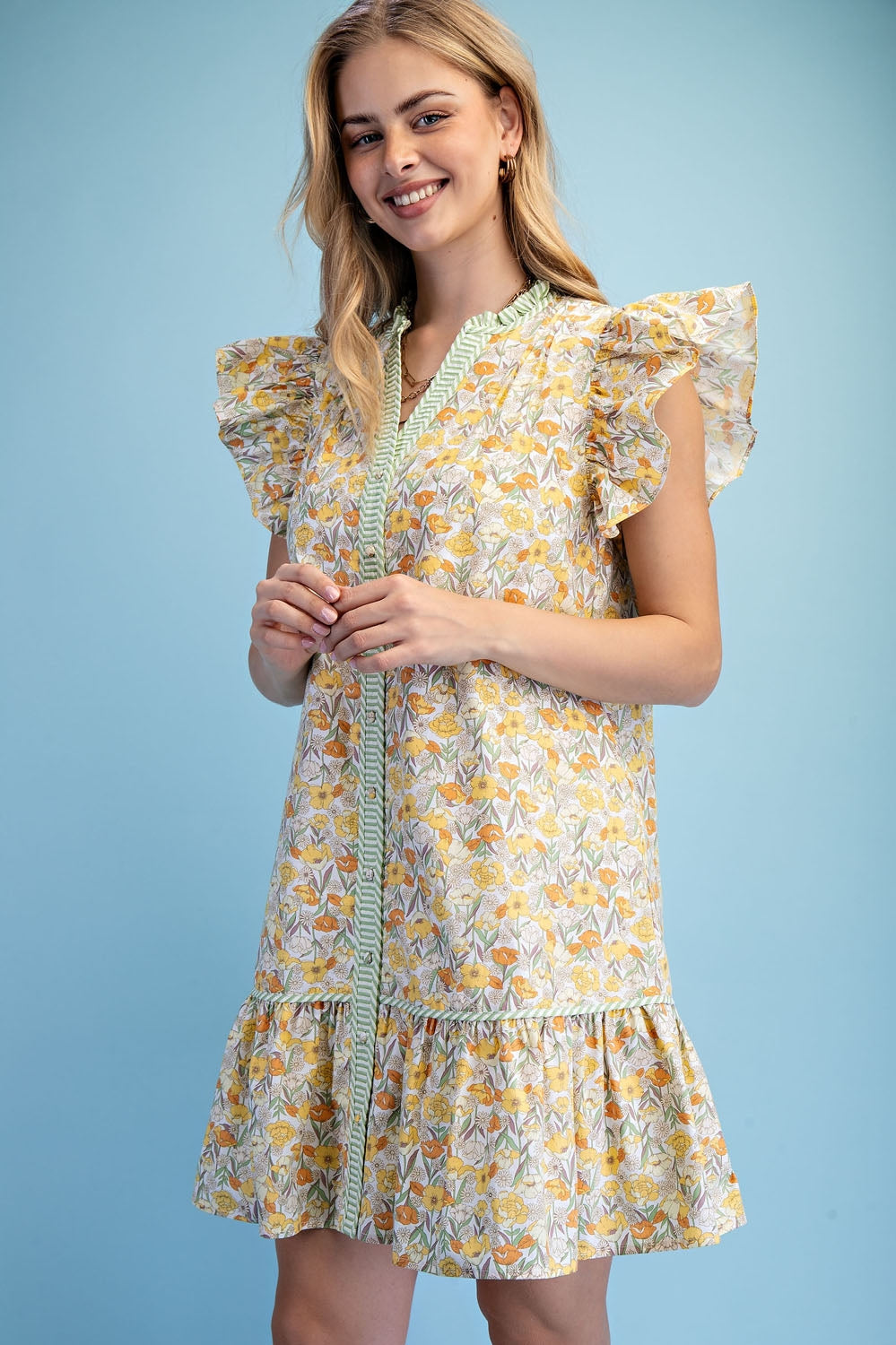 Gigio Botanical Button Down Ruffled Sleeve Mini Dress - Lemon Mix