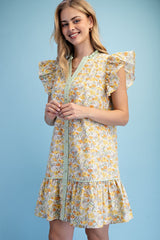 Gigio Botanical Button Down Ruffled Sleeve Mini Dress - Lemon Mix