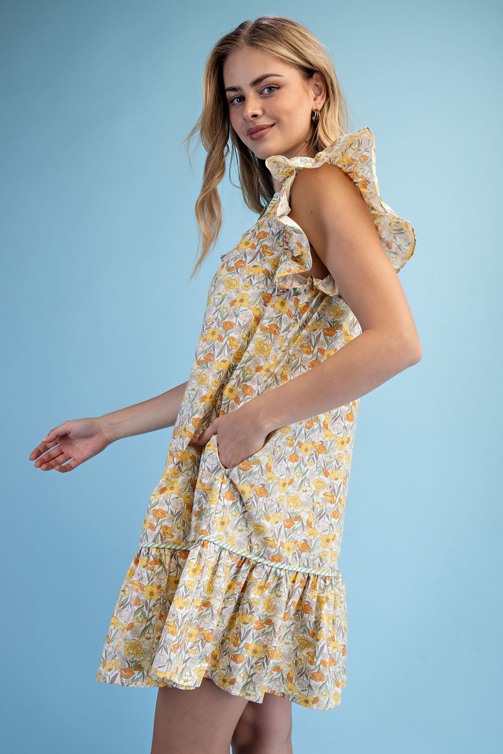 Gigio Botanical Button Down Ruffled Sleeve Mini Dress - Lemon Mix
