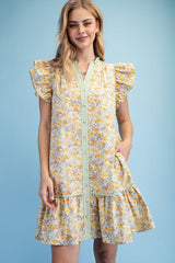 Gigio Botanical Button Down Ruffled Sleeve Mini Dress - Lemon Mix