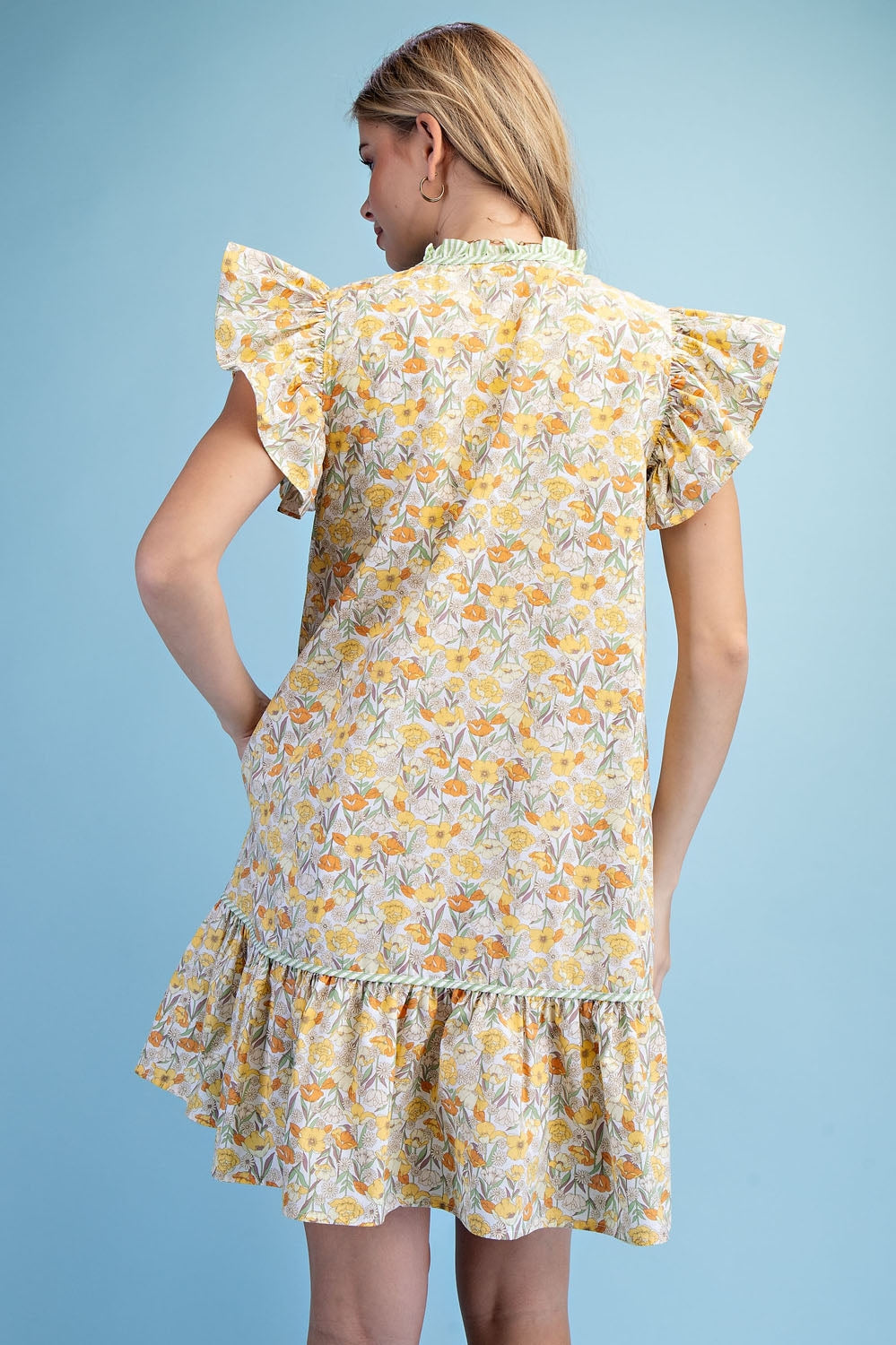 Gigio Botanical Button Down Ruffled Sleeve Mini Dress - Lemon Mix