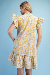 Gigio Botanical Button Down Ruffled Sleeve Mini Dress - Lemon Mix