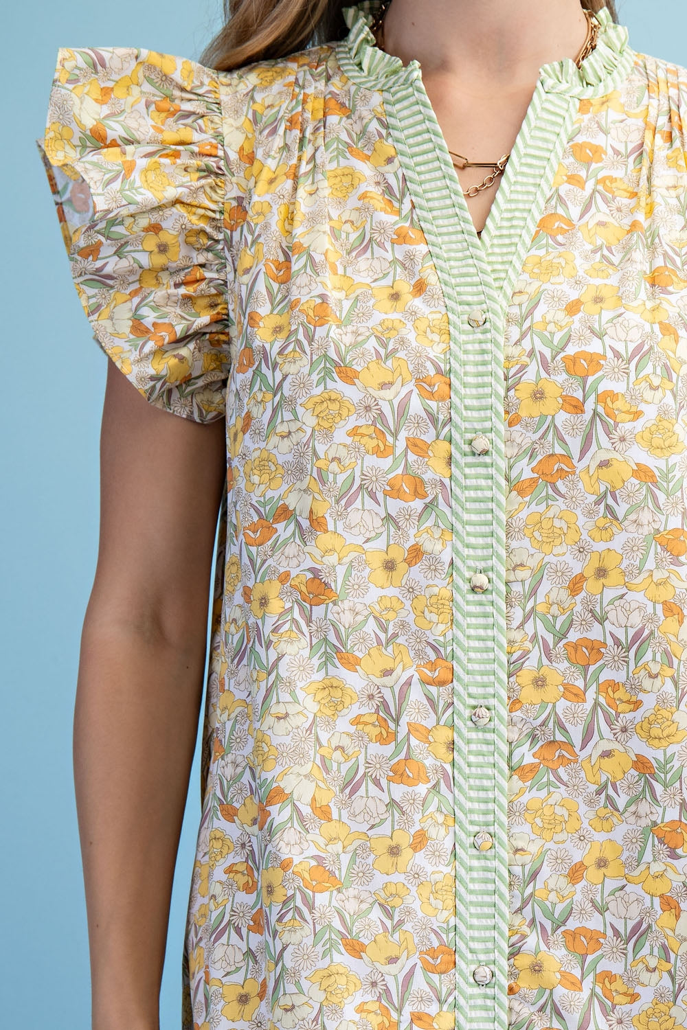Gigio Botanical Button Down Ruffled Sleeve Mini Dress - Lemon Mix