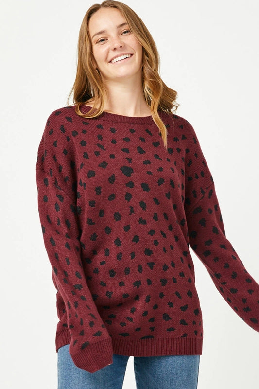 Hayden Leopard Sweater Pullover - Burgundy