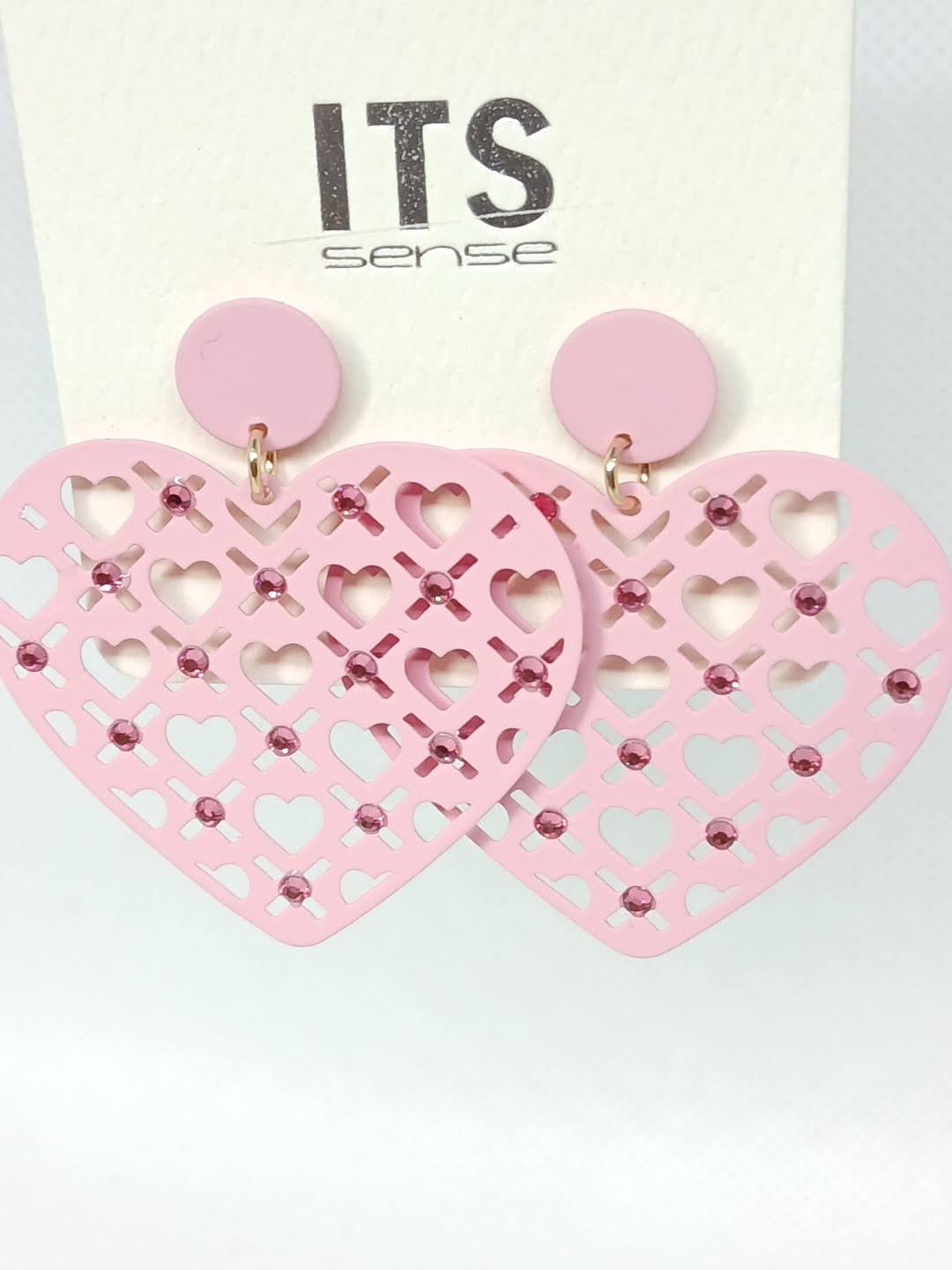 Checkerboard Heart Pink Pave Earrings - Metal Pink