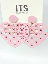Checkerboard Heart Pink Pave Earrings - Metal Pink