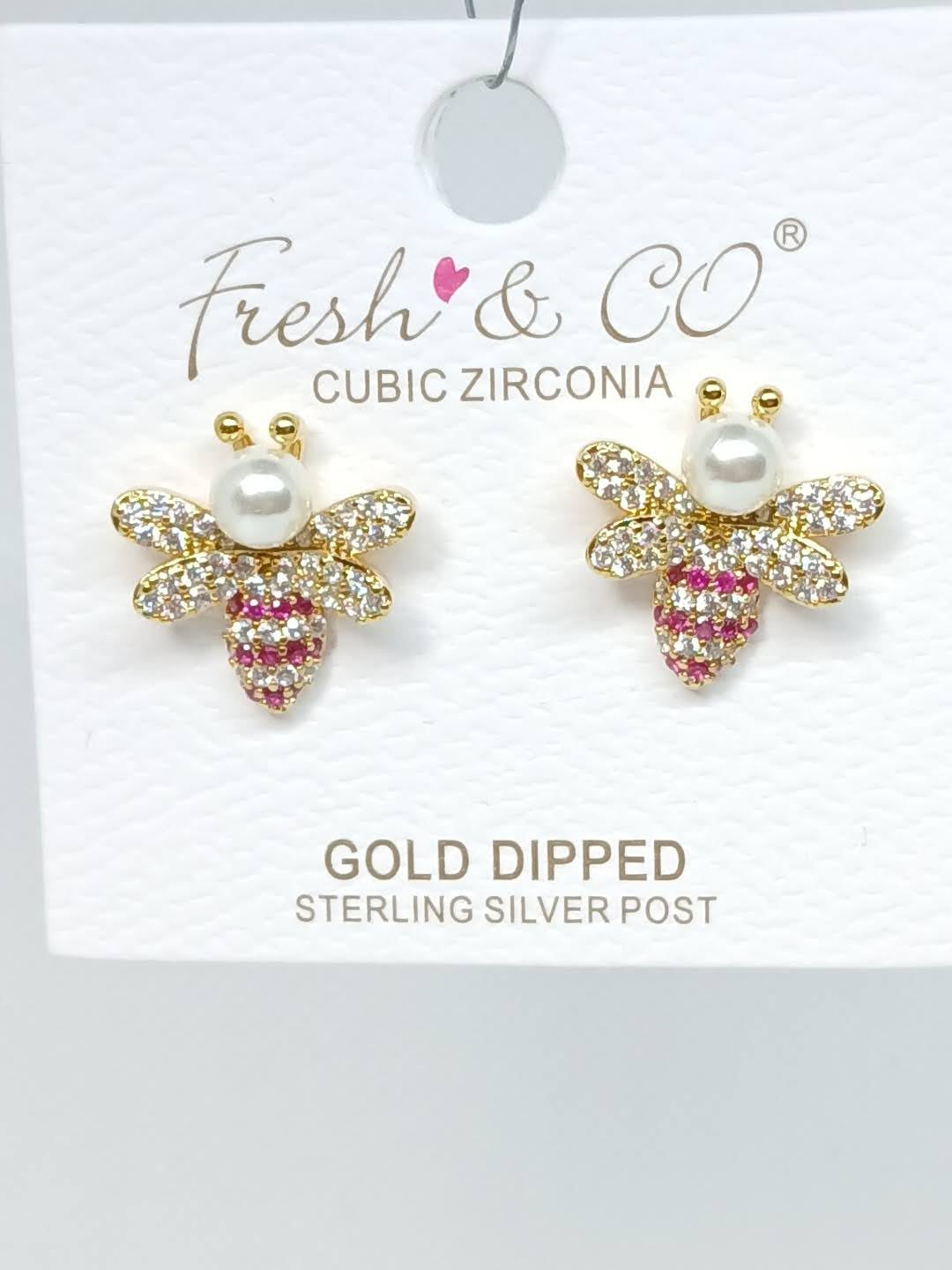 Cubic Zirconia Fuchsia & Pearl Bee Earrings - Gold