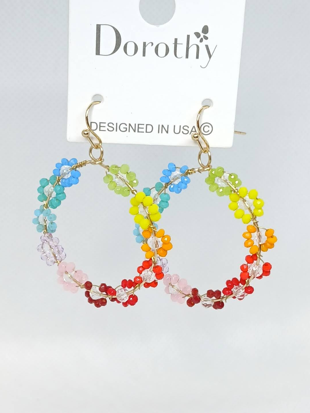 Floral Beaded Circle Earrings - Multicolor Rainbow