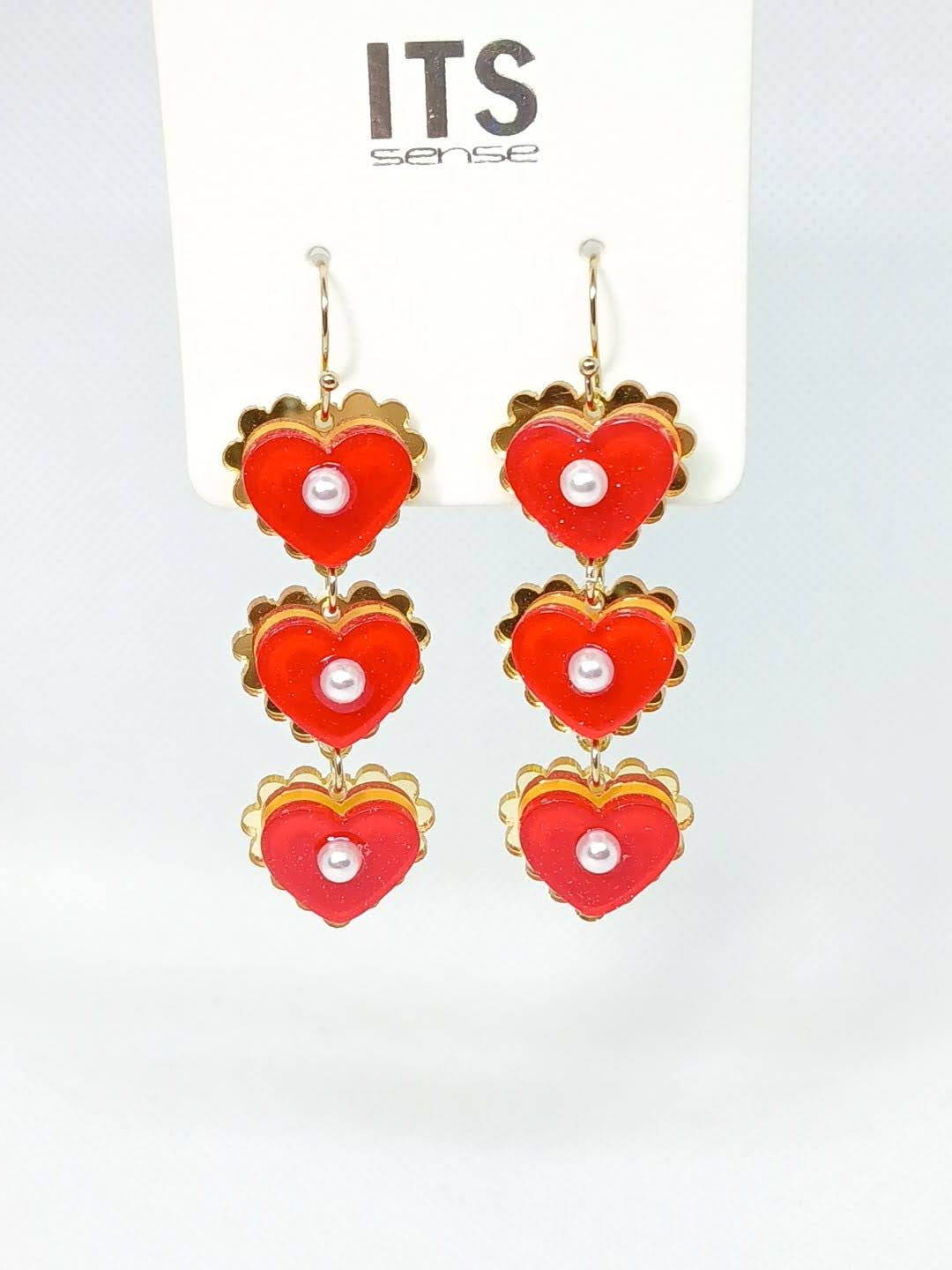 Scallop Backed Hearts Dangle Earrings - Red