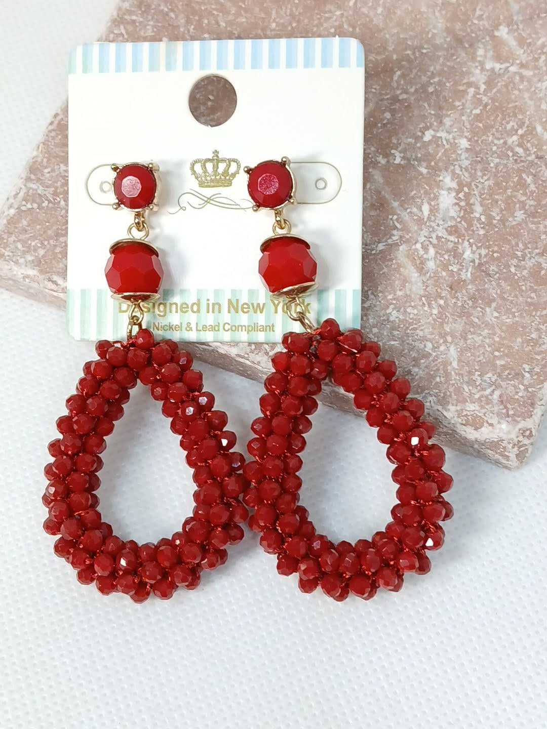 Chunky Beaded Teardrop Earrings - Dark Red