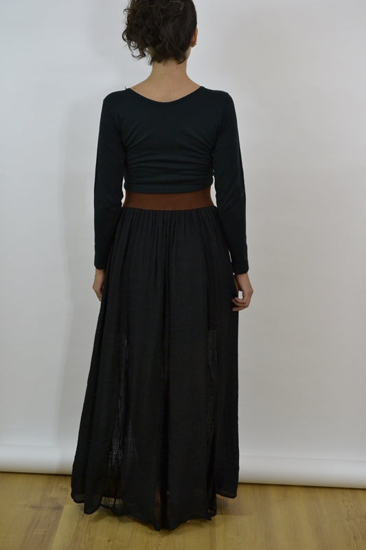 Lace Stripes Maxi Skirt with Wide Belt-Black