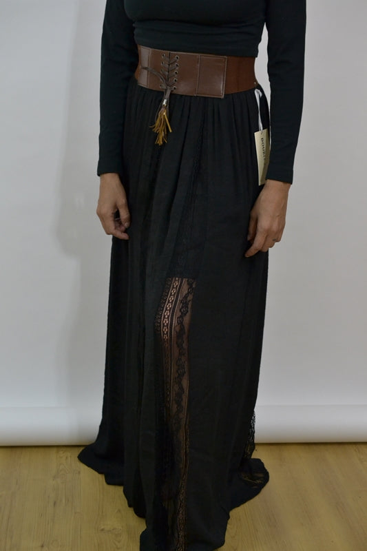Semi-Sheer Lace Stripe Maxi Skirt with Wide Waist Belt - Black