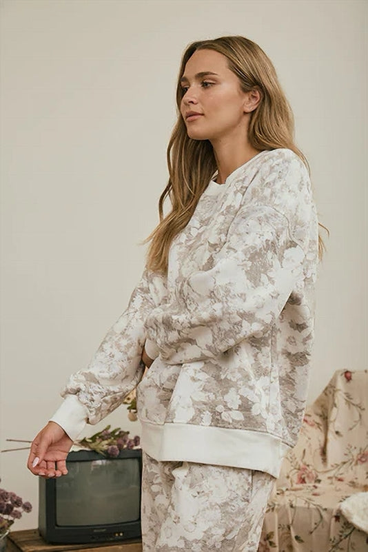 Taupe Floral Lounge Sweatshirt - Grey Multi