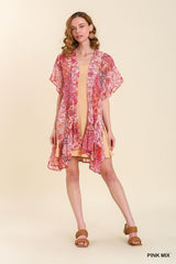 Umgee Chiffon Mixed Print Kimono - Pink Mix