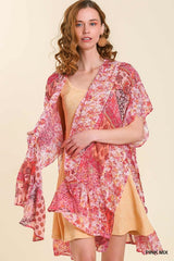 Umgee Chiffon Mixed Print Kimono - Pink Mix