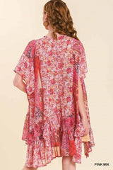 Umgee Chiffon Mixed Print Kimono - Pink Mix