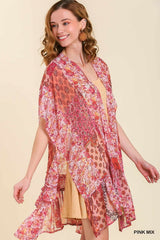 Umgee Chiffon Mixed Print Kimono - Pink Mix