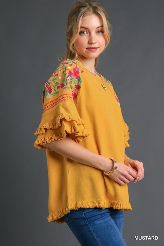 Umgee Embroidered Linen Tiered Sleeve Top - Mustard