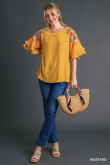 Umgee Embroidered Linen Tiered Sleeve Top - Mustard