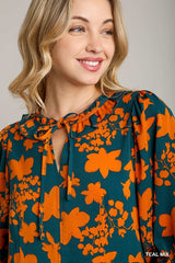 Umgee Two Tone Floral Blouse - Teal Mix