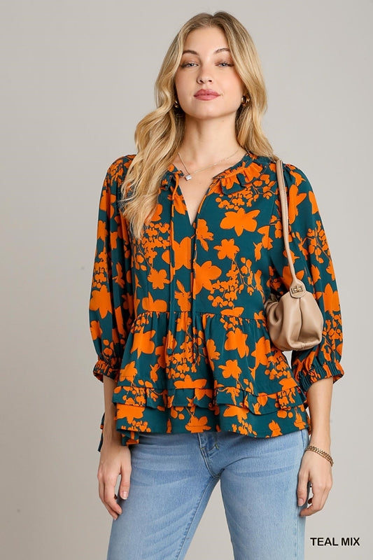 Umgee Two Tone Floral Blouse - Teal Mix