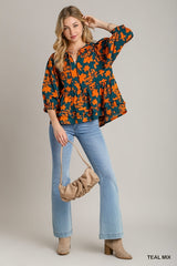 Umgee Two Tone Floral Blouse - Teal Mix