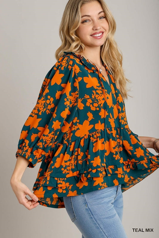 Umgee Two Tone Floral Blouse - Teal Mix