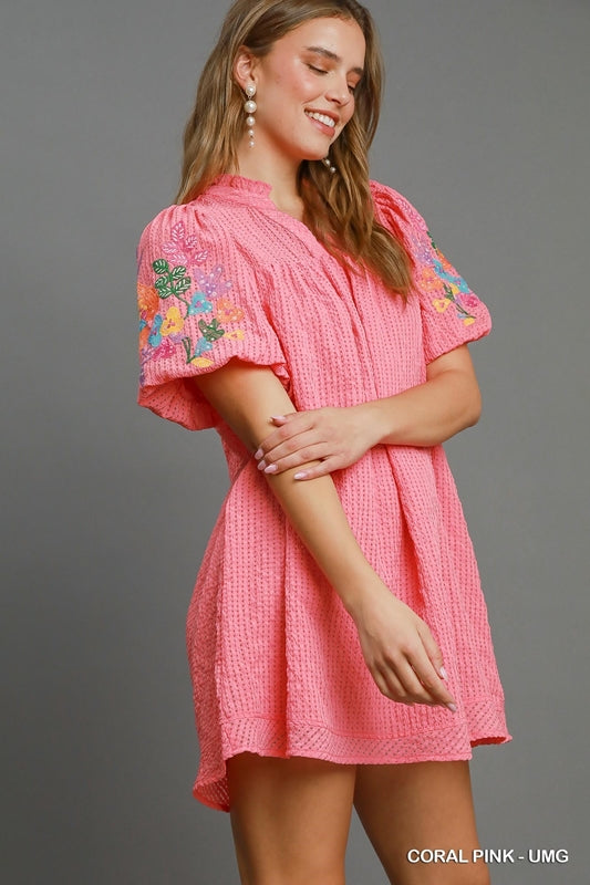 Umgee Checker Seersucker Bubble Sleeve Dress - Coral Pink