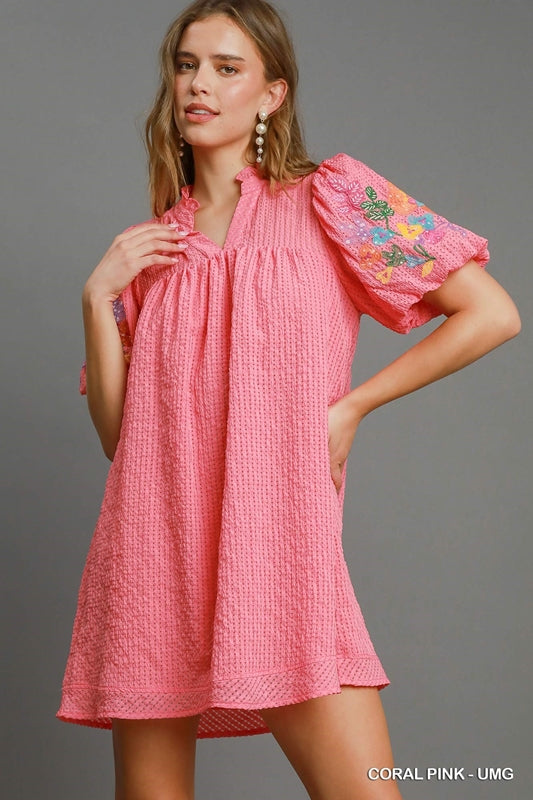 Umgee Checker Seersucker Bubble Sleeve Dress - Coral Pink