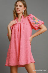 Umgee Checker Seersucker Bubble Sleeve Dress - Coral Pink