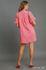 Umgee Checker Seersucker Bubble Sleeve Dress - Coral Pink