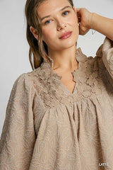 Umgee Puff Sleeve Jacquard Floral Lace Dress - Latte