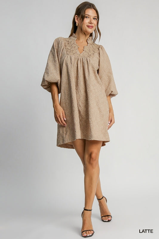 Umgee Puff Sleeve Jacquard Floral Lace Dress - Latte