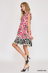 Umgee Sunny Abstract Print Border Mini Dress - Cherry Red