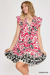 Umgee Sunny Abstract Print Border Mini Dress - Cherry Red