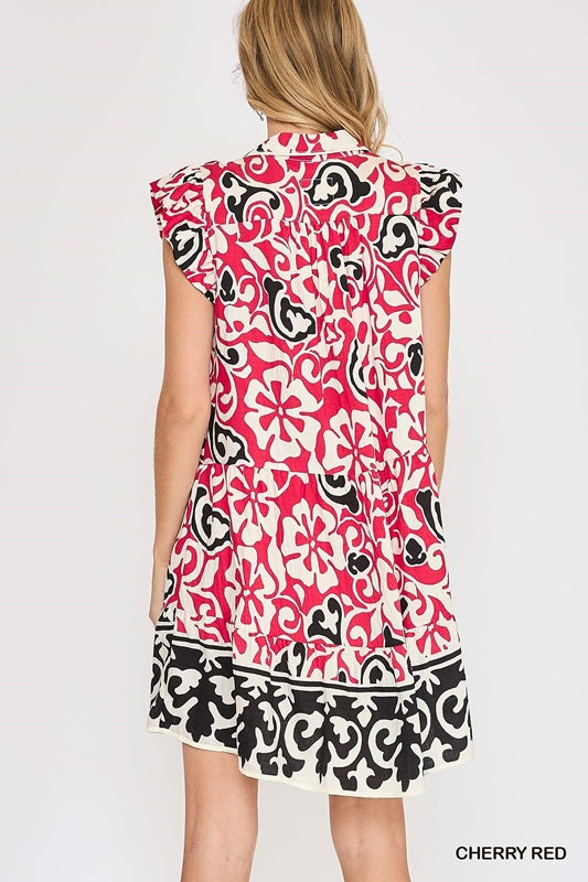 Umgee Sunny Abstract Print Border Mini Dress - Cherry Red