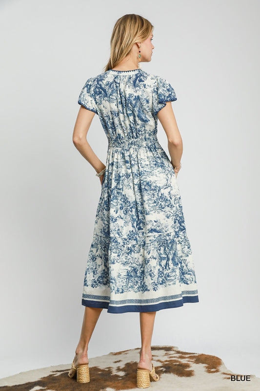 Umgee Toile Print Whipstitch Midi Dress - Blue