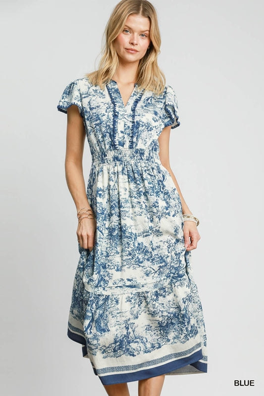 Umgee Toile Print Whipstitch Midi Dress - Blue