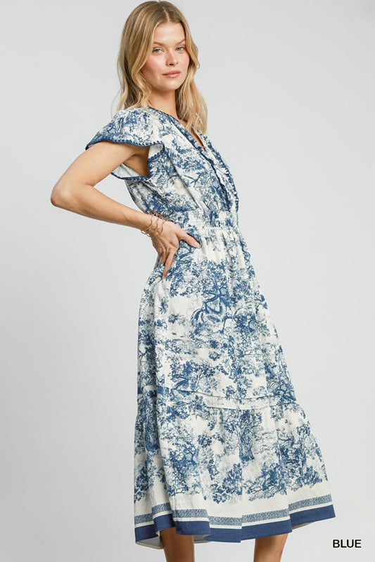 Umgee Toile Print Whipstitch Midi Dress - Blue