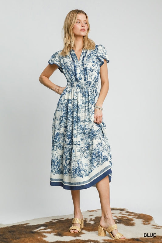 Umgee Toile Print Whipstitch Midi Dress - Blue