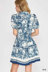 Umgee Toile Print Belted Lapel Collar Mini Skater Dress - Blue