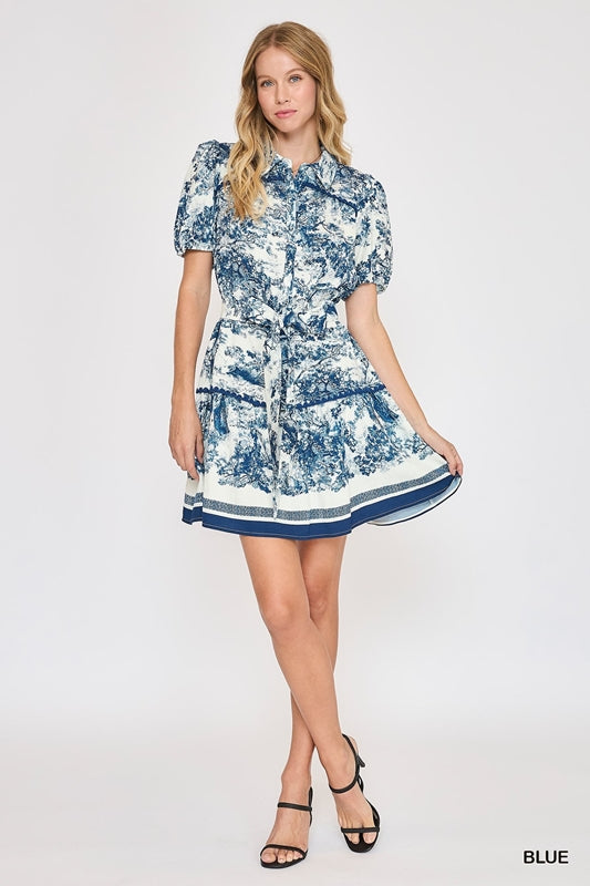 Umgee Toile Print Belted Lapel Collar Mini Skater Dress - Blue