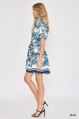 Umgee Toile Print Belted Lapel Collar Mini Skater Dress - Blue