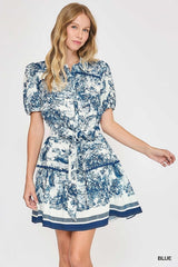 Umgee Toile Print Belted Lapel Collar Mini Skater Dress - Blue