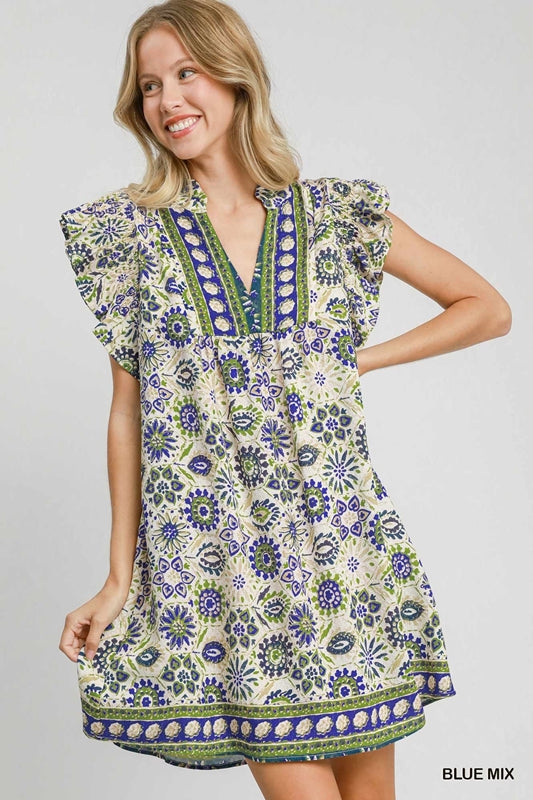 Umgee Border Print V Neck Mini Dress - Blue Mix