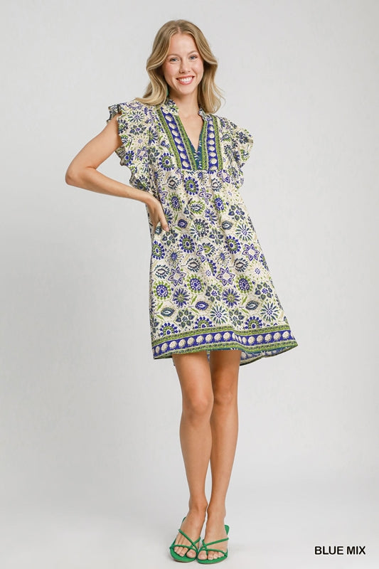 Umgee Border Print V Neck Mini Dress - Blue Mix