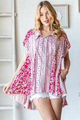 Oli & Hali Flare Hem Mixed Print Blouse Top - Pink